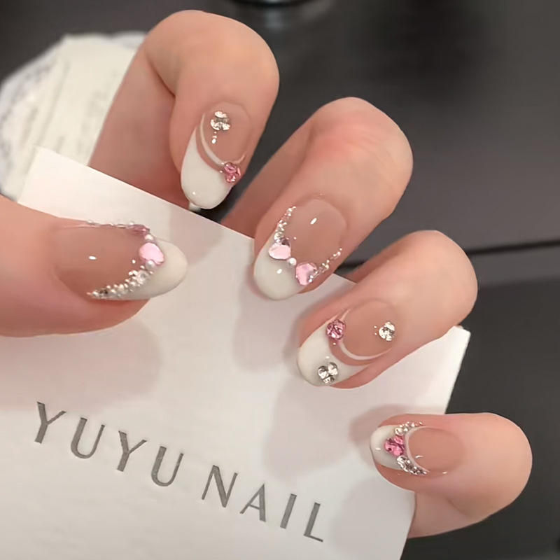 Nail Art French - 10Pcs White French Pink Heart Diamond