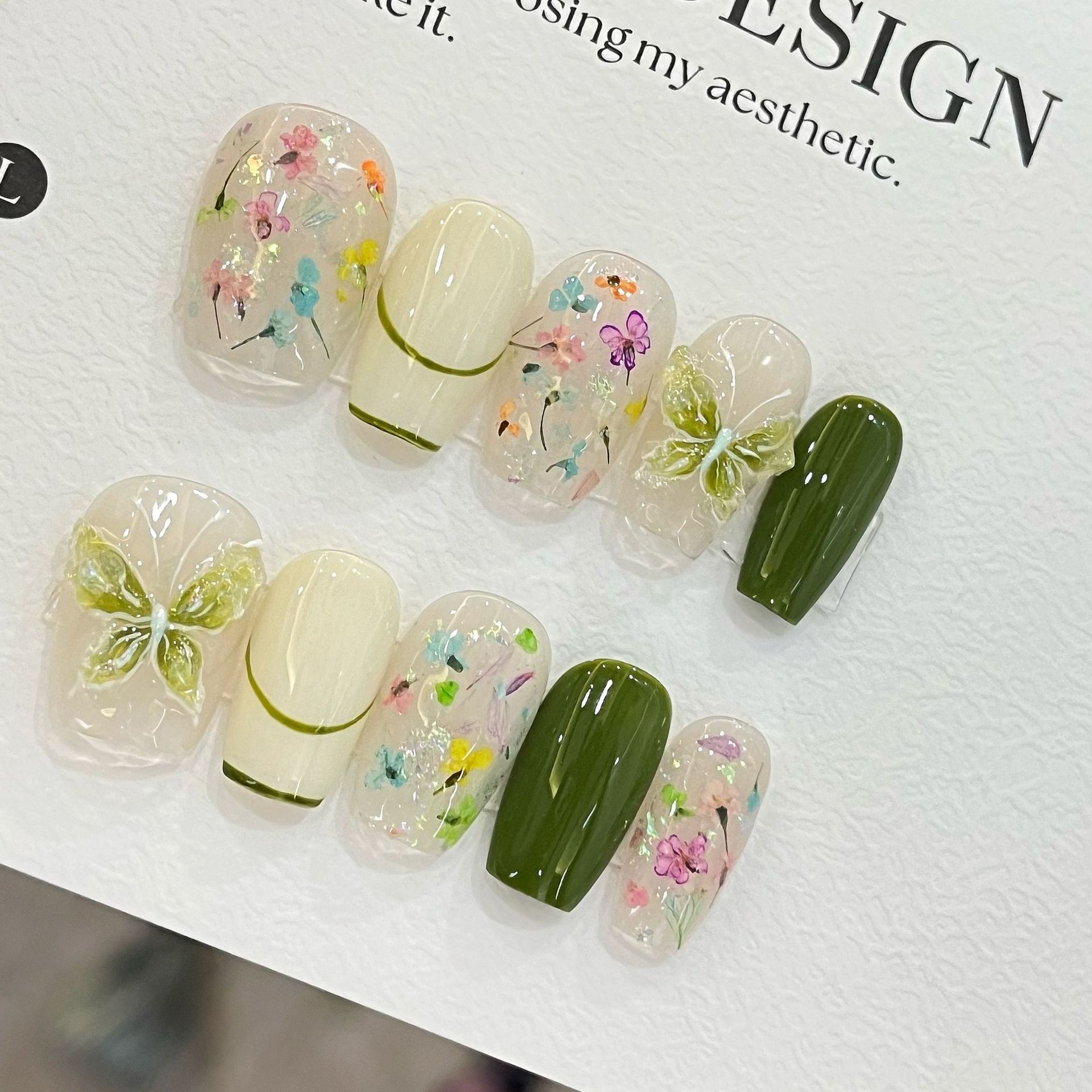 Nail Art French - 10pcs Butterfly Flower Fake Nails Medium