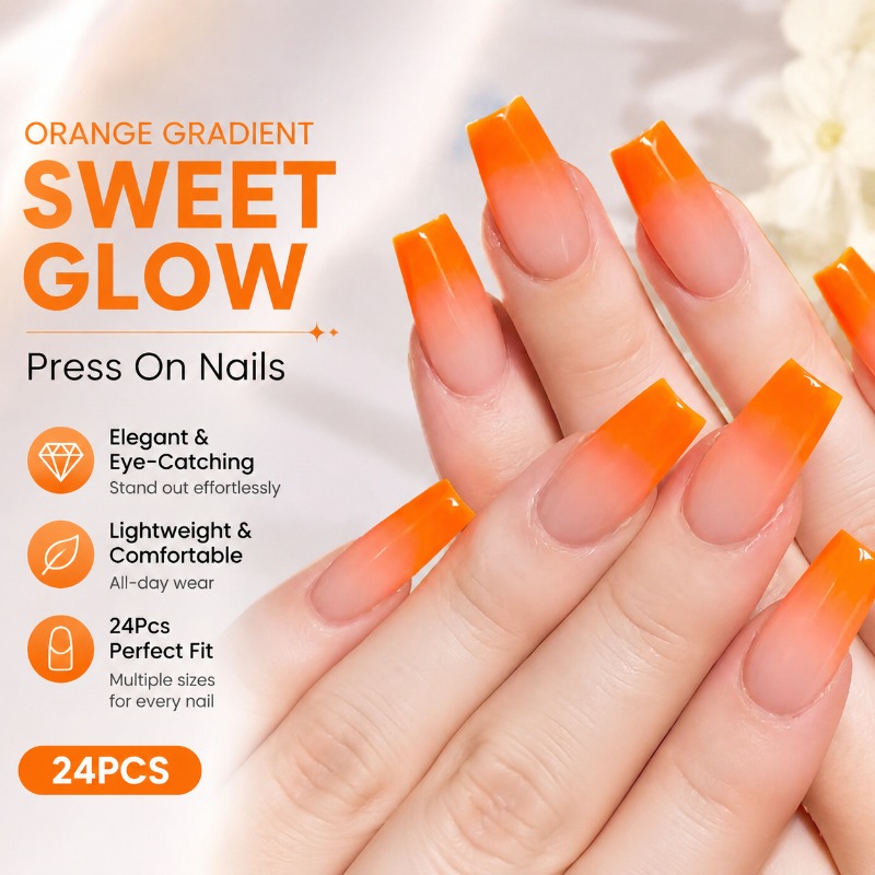 Nail Art Orange - Orange Gradient Press on Nails Elegant