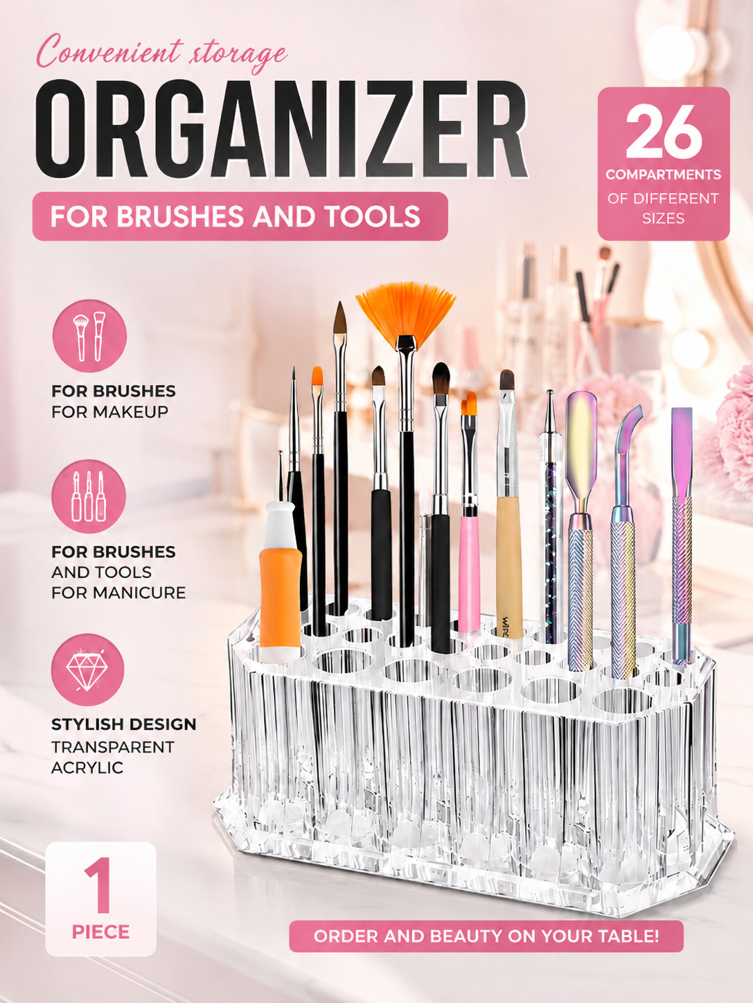 Nail Art Rame - 1pc Clear Acrylic 26Hole Brush Stand