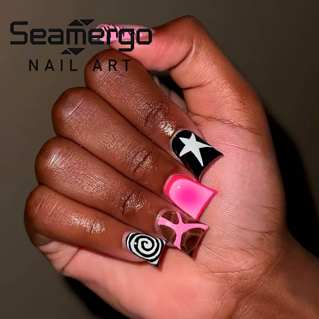 Nail Art Zebra - 24PCS Pink Black Duckbill Press on