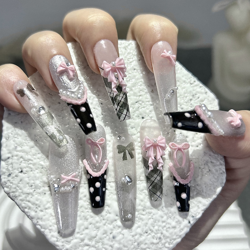 Nail Art French - 10PCS Y2K Black Pink French Handmade