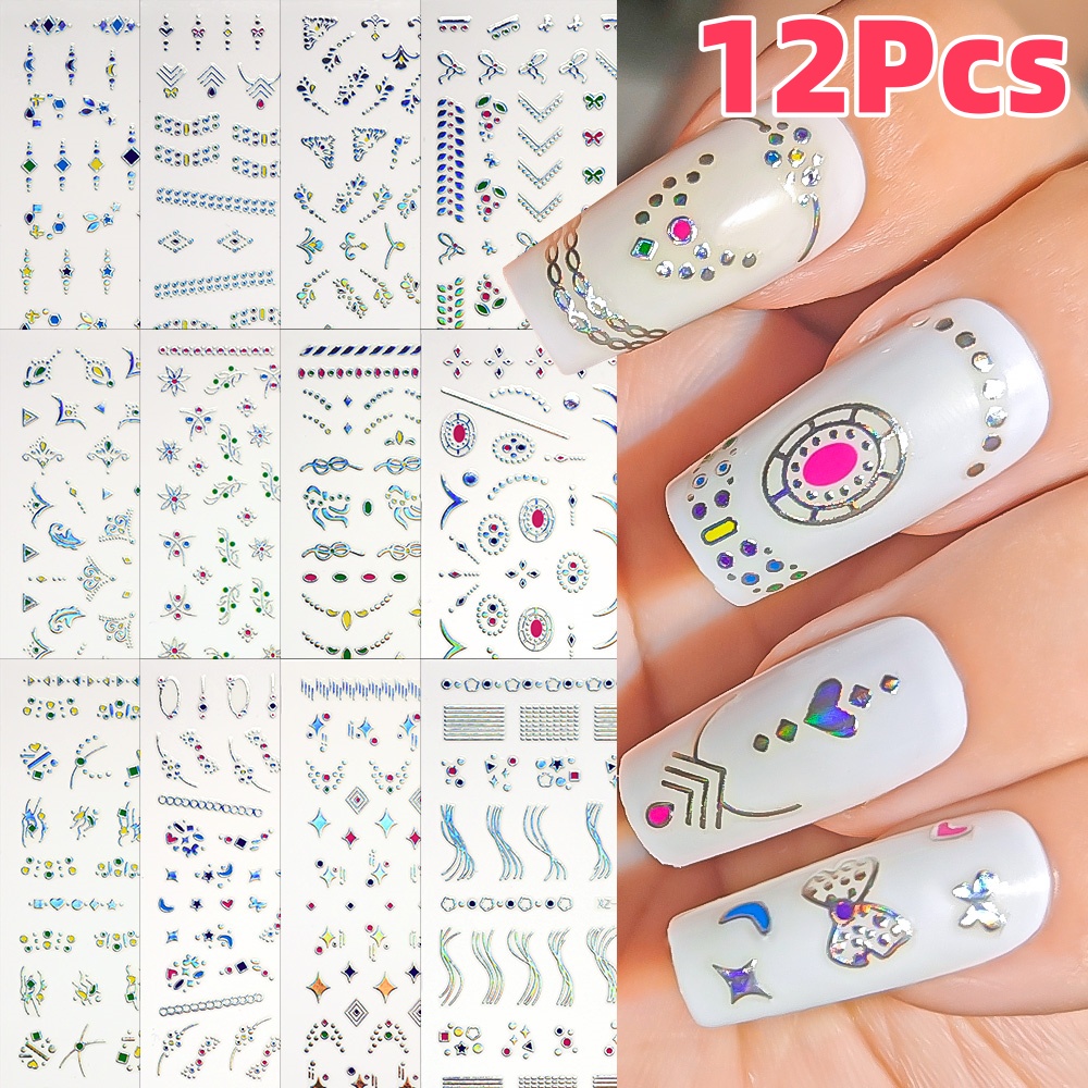 Nail Art Simple Elegant - 12Pcs 3D Slilver Geometry Lines Flower