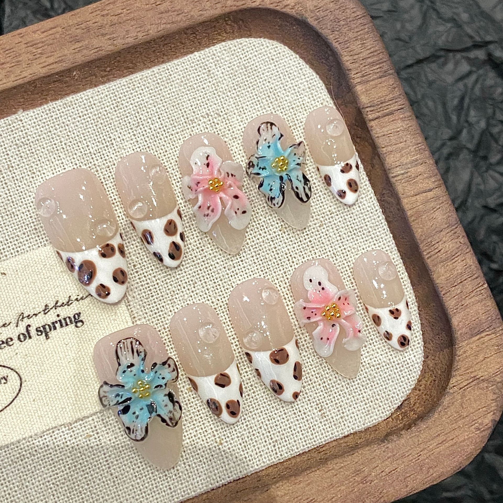 Nail Art French - 10pcs Glossy Almond Handmade Fake Nails