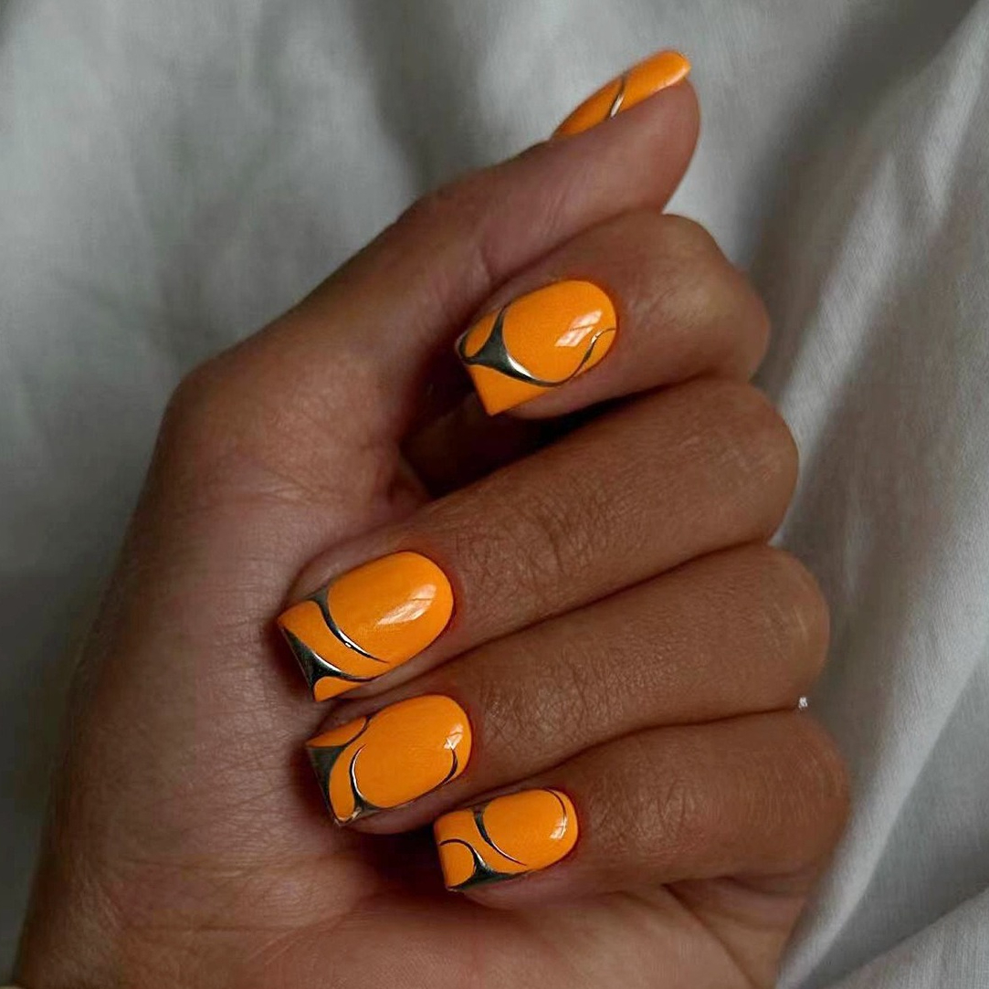 Nail Art Simple Elegant - 24Pcs Summer Orange Square Wearing Nail