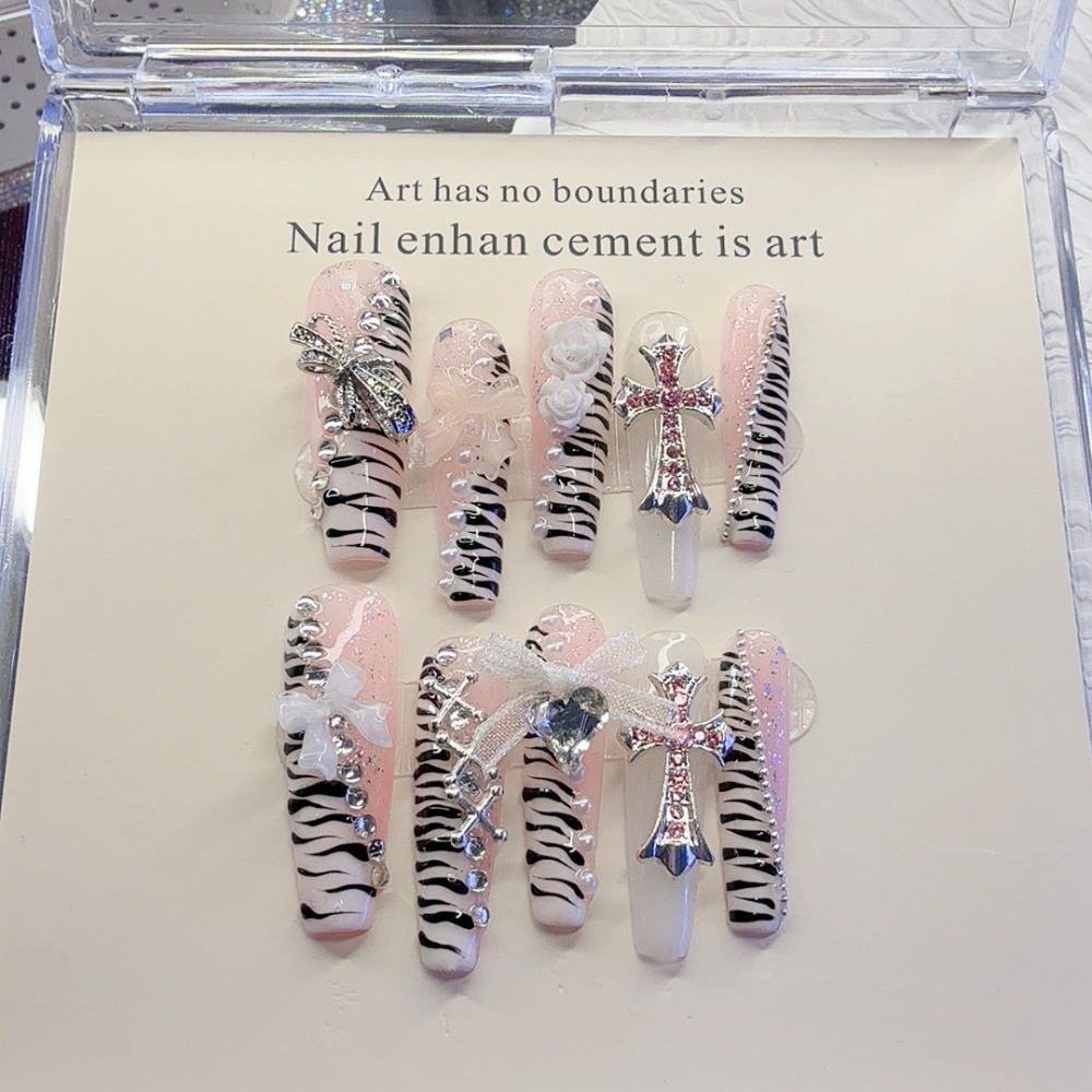 Nail Art Zebra - 10 Pieces Y2K Pink Zebra Pattern
