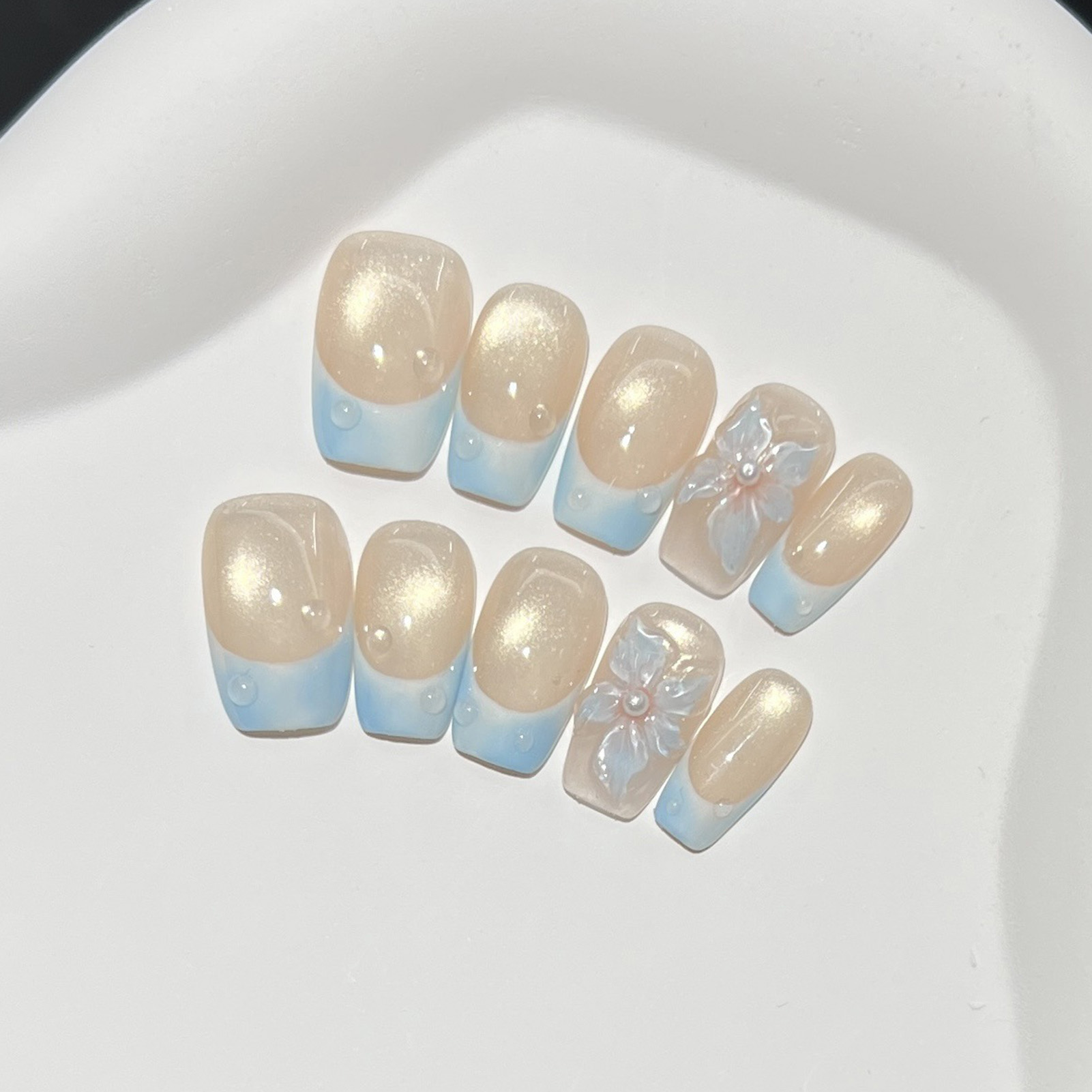 10pcs French Blue Glossy Flora - Nail Art French 评论和价格