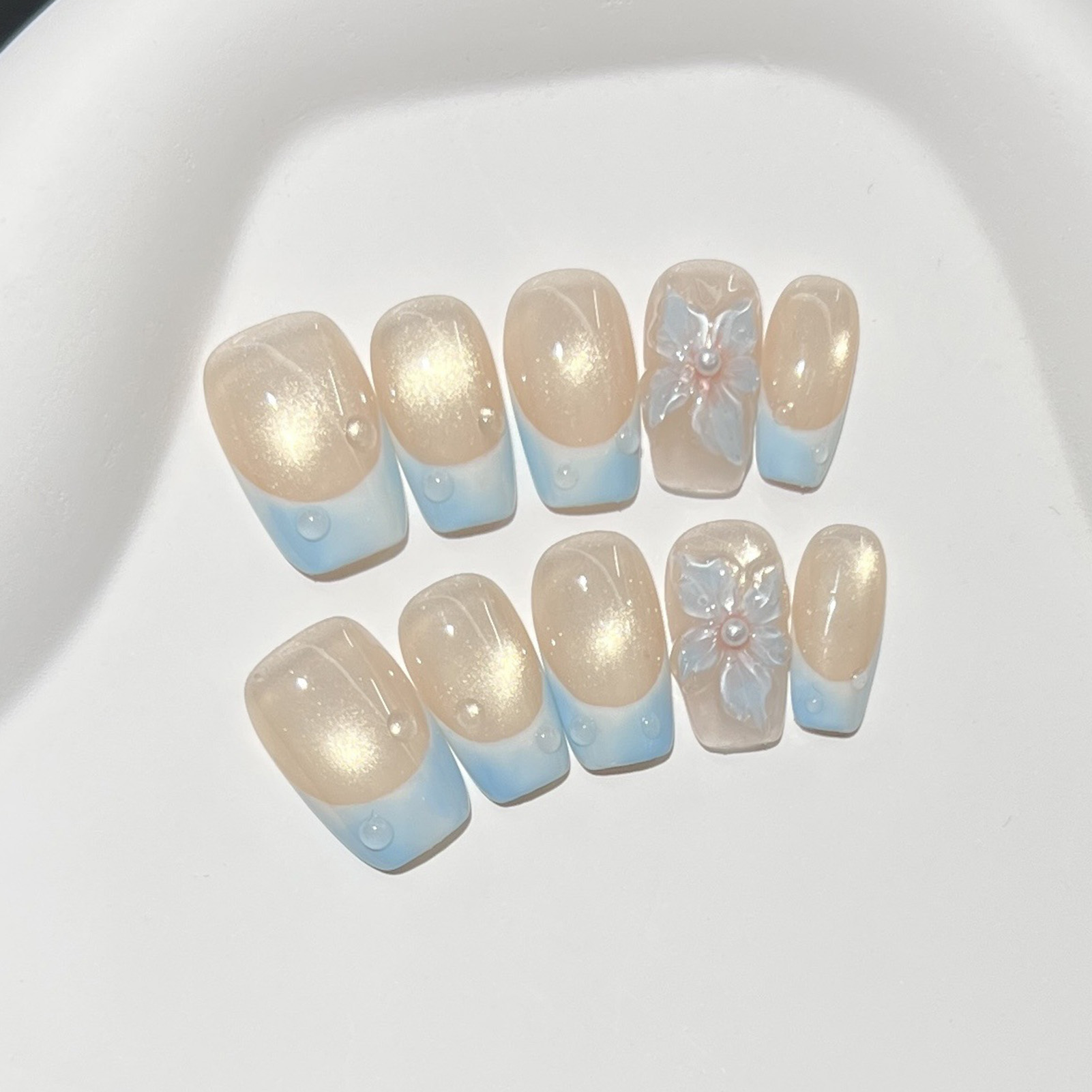 10pcs French Blue Glossy Flora - Nail Art French 评论和价格