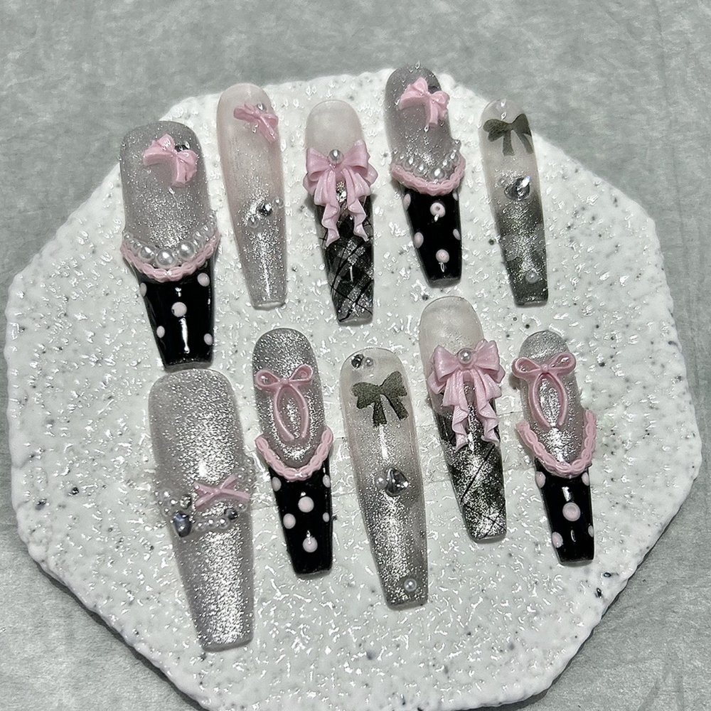 10PCS Y2K Black Pink French Ha - Nail Art French 评论和价格
