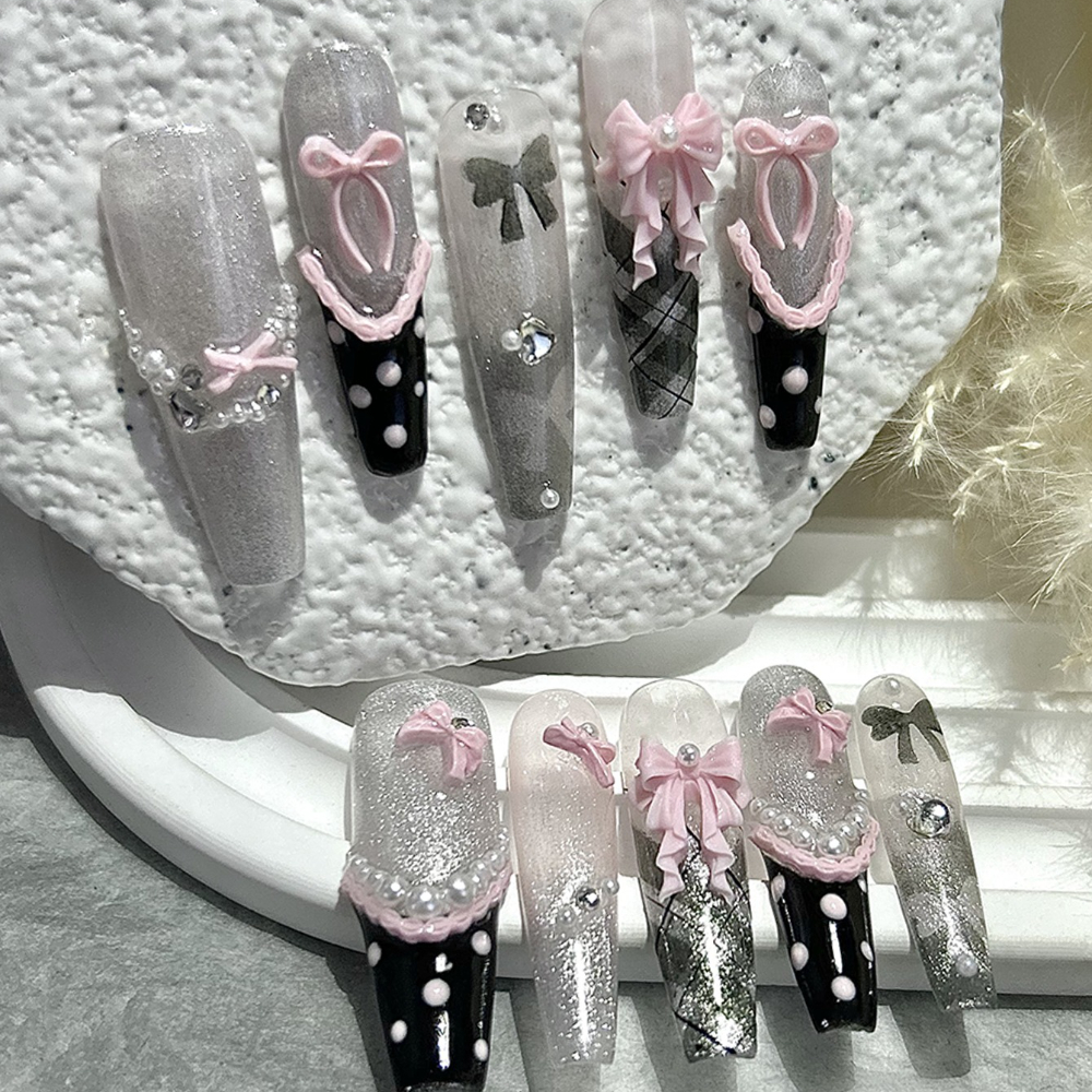 10PCS Y2K Black Pink French Ha - Nail Art French 评论和价格