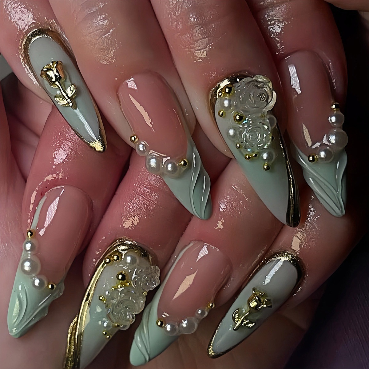 24pcs Green Cat Eye Fake Nails - Nail Art French 评论和价格