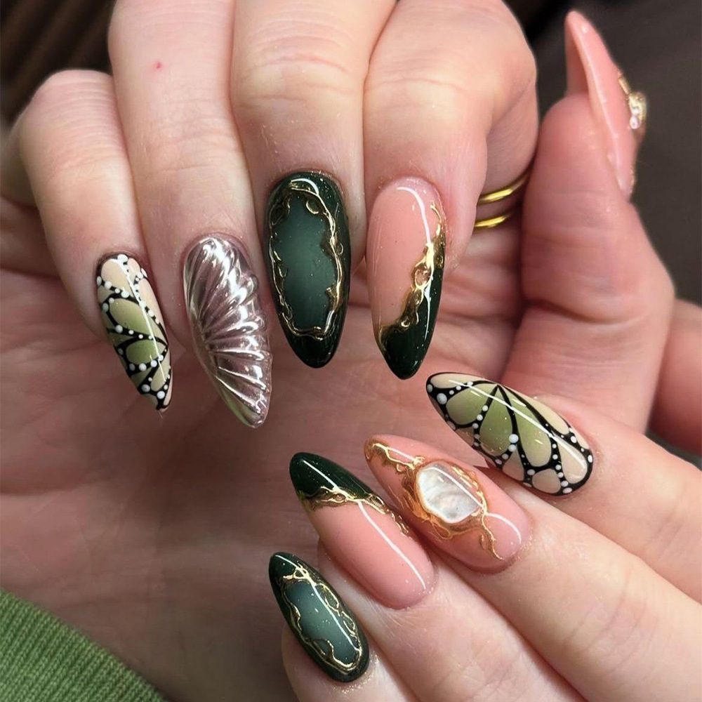 24pcs Green Cat Eye Fake Nails - Nail Art French 评论和价格
